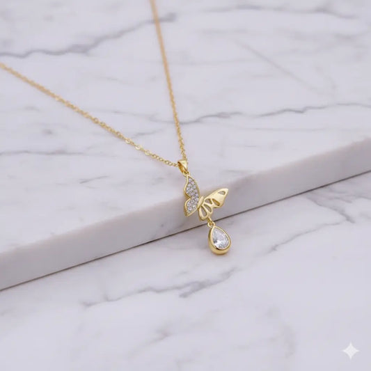 Winged Pearl Drop Necklace in Luxe Gold with Sparkling Crystal Rain Vavya