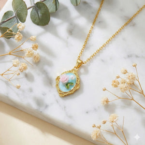 Sky Blue Floral Pendant Necklace with Pearl Accent & Ornate Antique Frame