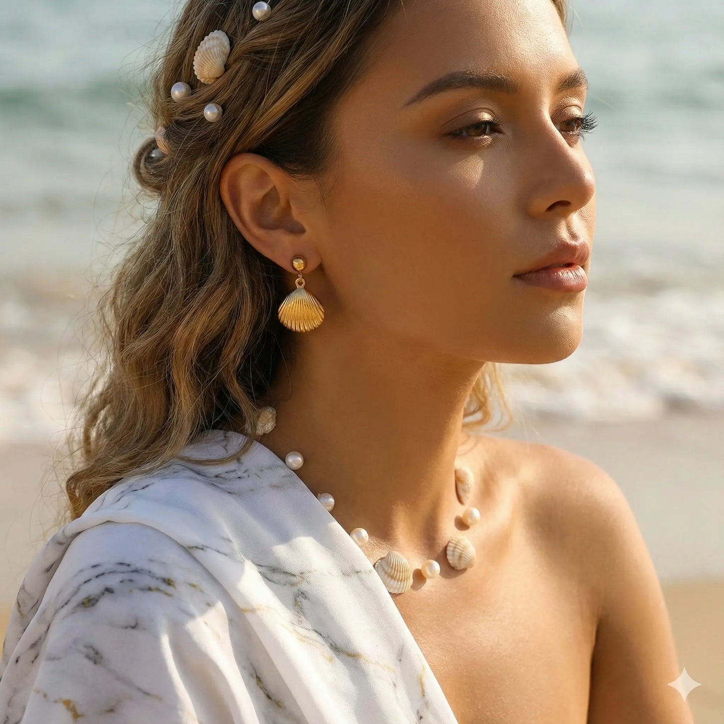 Ocean Treasure Shell Earrings Featuring Glossy Gold Droplets Vavya