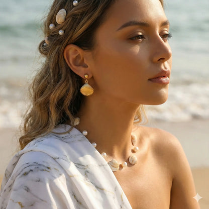 Ocean Treasure Shell Earrings Featuring Glossy Gold Droplets Vavya