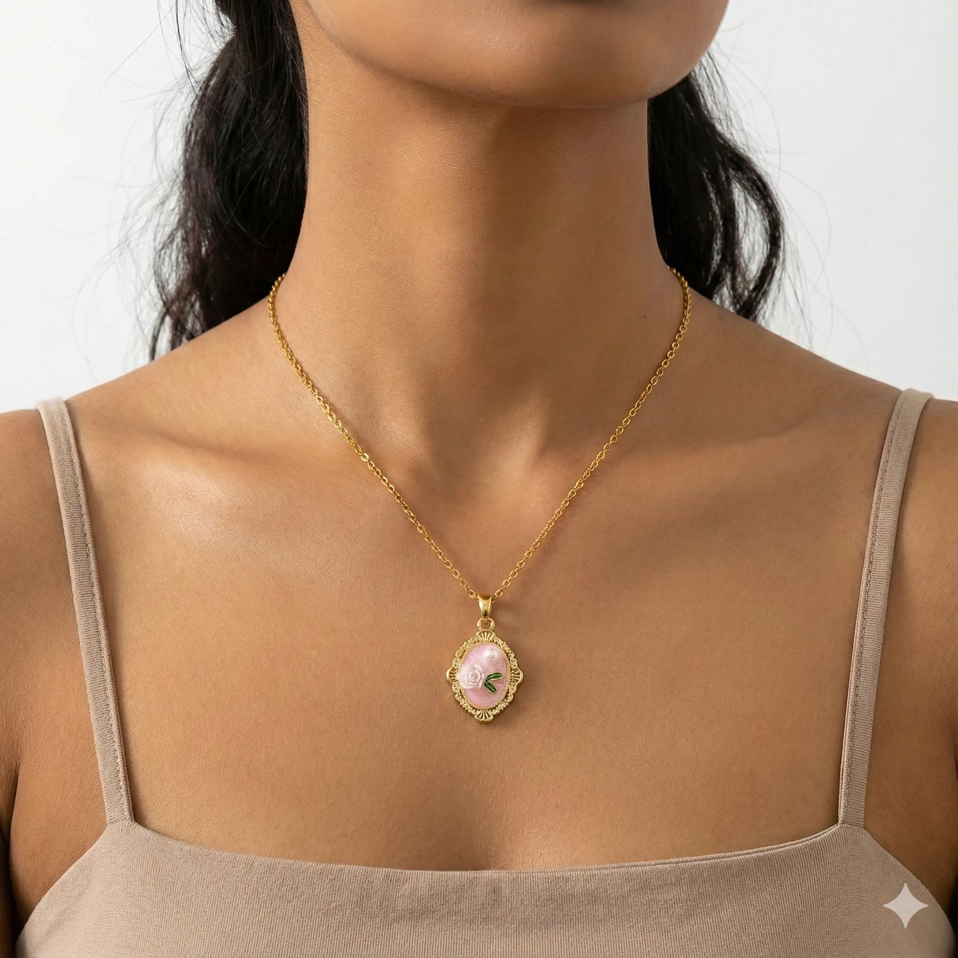 Pink Rose Pendant Necklace with Hand-Enamel Work, Mini Pearl Detail & 18K Gold Plating Vavya
