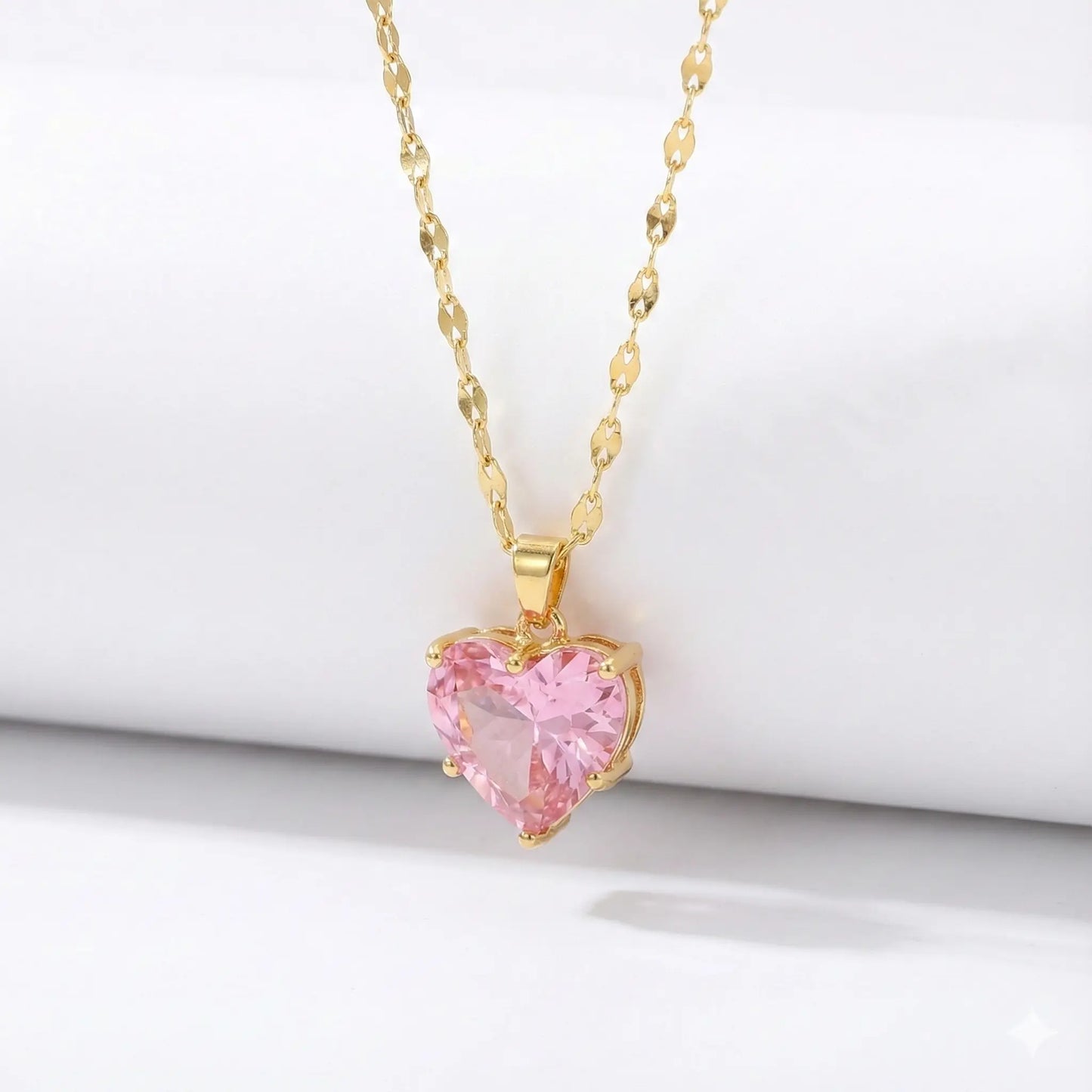Pink Heart-Shaped Crystal Pendant Necklace in Glossy Gold Plating Vavya