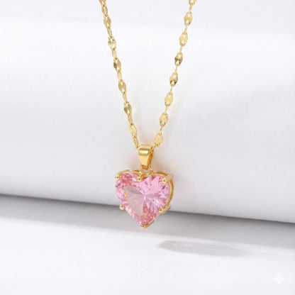 Pink Heart-Shaped Crystal Pendant Necklace in Glossy Gold Plating Vavya
