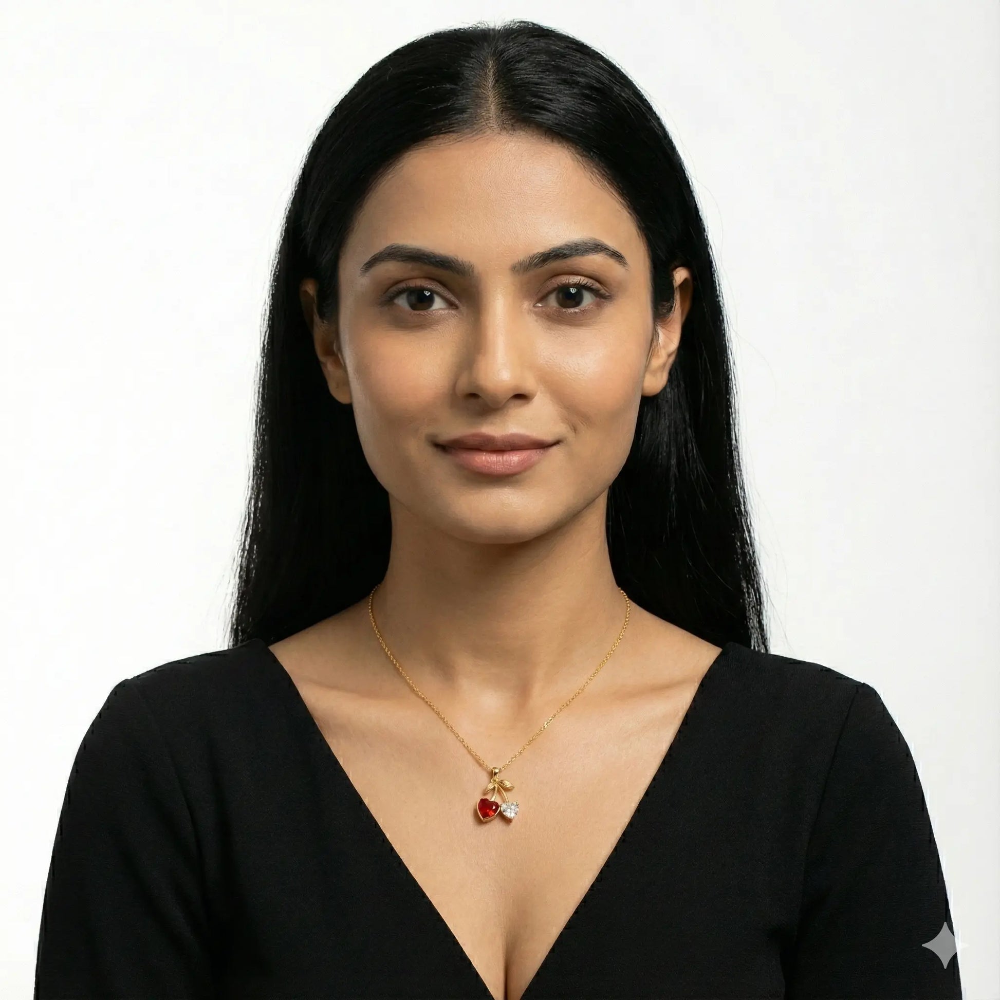 18K Gold-Plated Cherry Twin Heart Pendant Necklace with Red Crystal Vavya