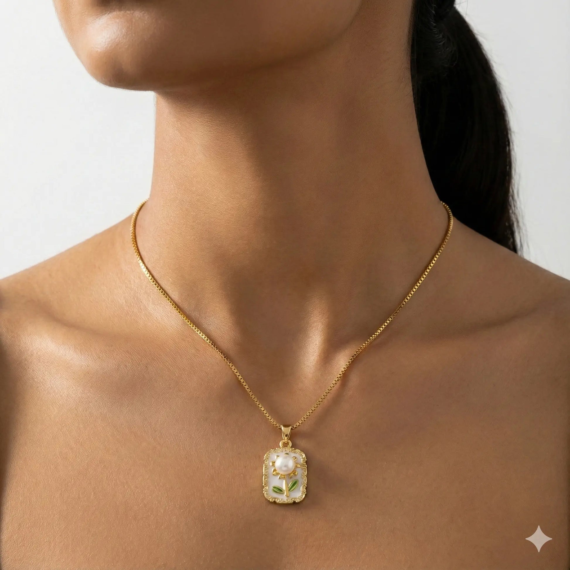 Flower Pendant Necklace with Pearl Bloom, Enamel Accents & Antique Gold Finish Vavya