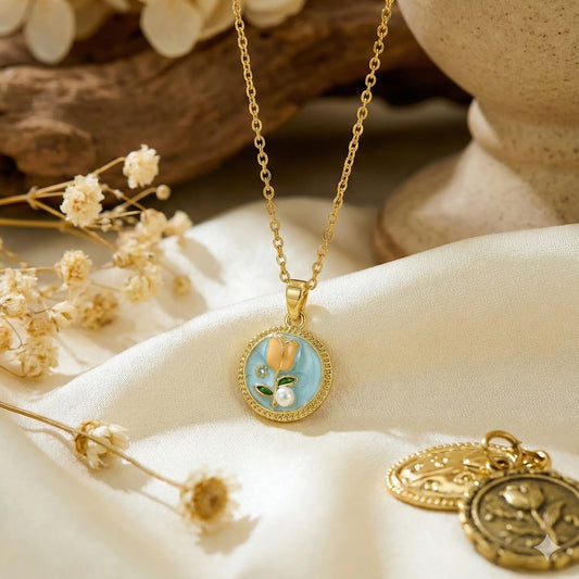 18K Gold-Plated Round Floral Pendant Necklace with Sky Blue Enamel, Pearl Accent Vavya