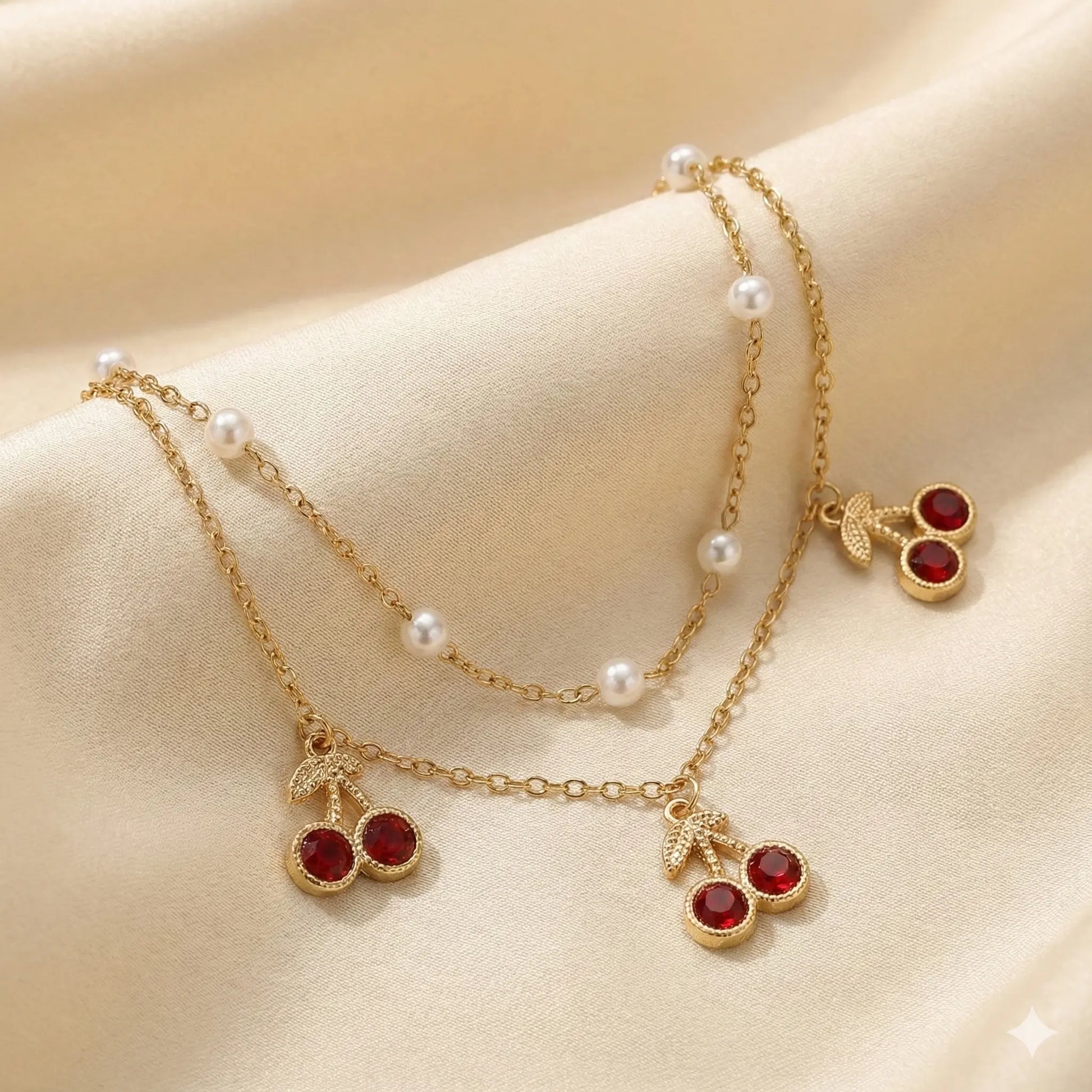 Red Berry Bloom Anklet Adorned with Layered Gold Chains & Pearls Vavya