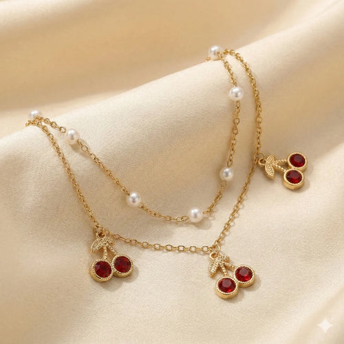 Red Berry Bloom Anklet Adorned with Layered Gold Chains & Pearls Vavya