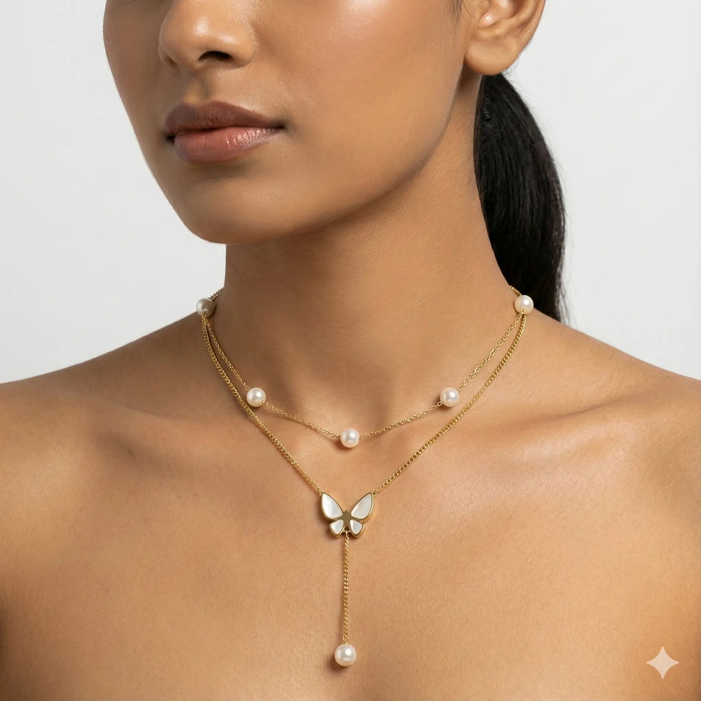 Pearl Butterfly Necklace in 18K Gold Finish with Mother-of-Pearl Charm Vavya