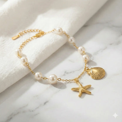 Ocean Pearl Charm Anklet with Golden Shell & Starfish Drops Vavya