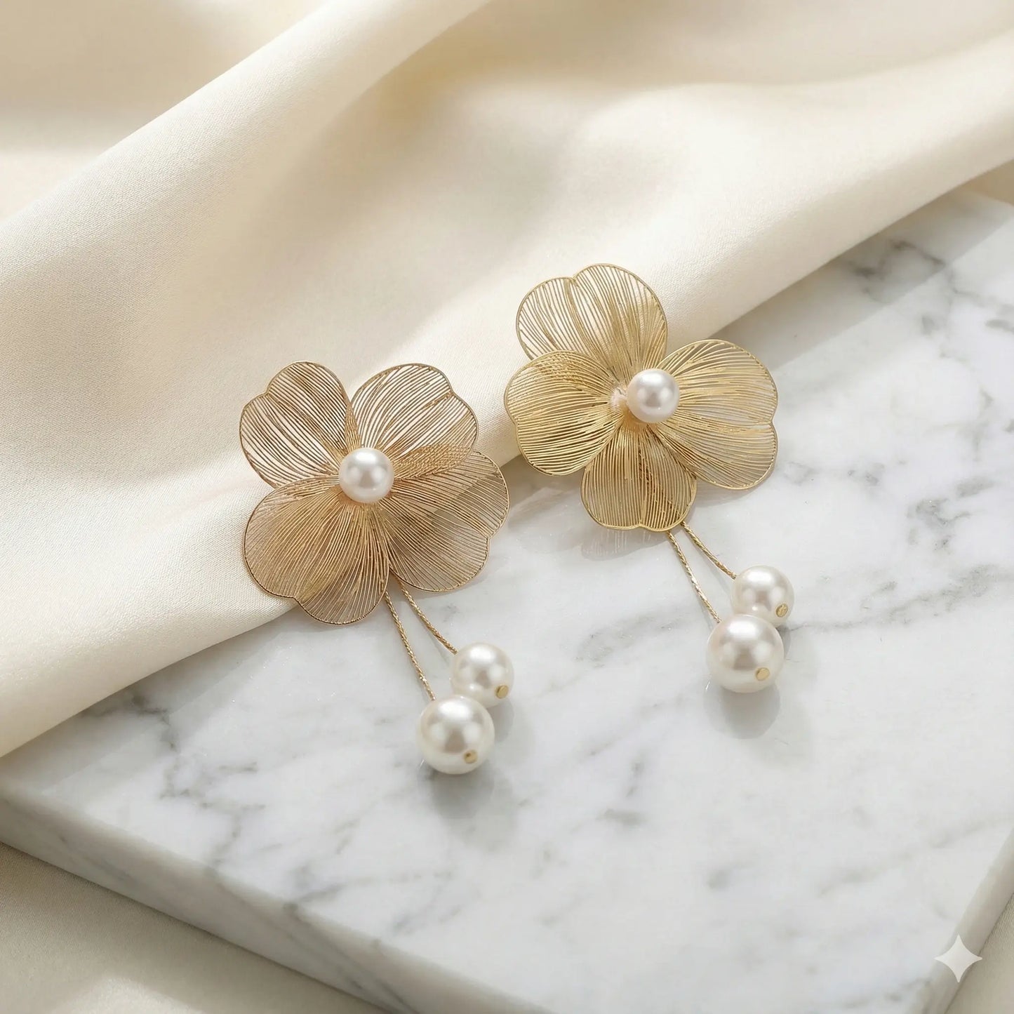 Whispering Petal Pearl Earrings with Delicate Floral Metal Art Vavya