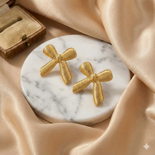 Golden Bow Earrings with Pleated Ribbon Style & Luxe Shine Vavya