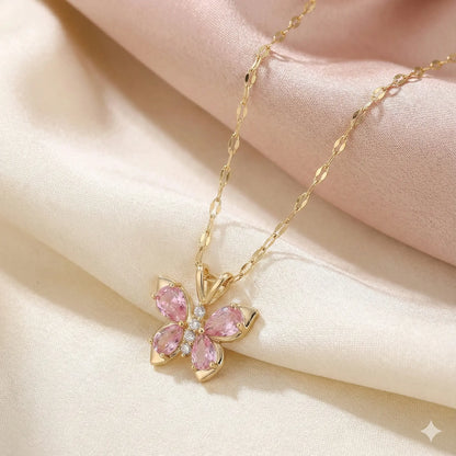 Pink Gem Butterfly Necklace with Sparkling Crystal  Luxe Gold Finish Vavya