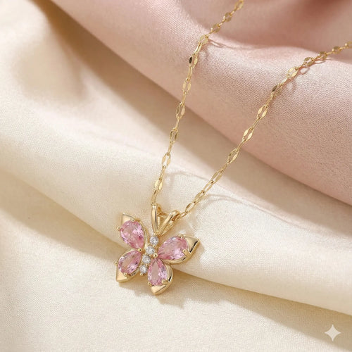 Pink Gem Butterfly Necklace with Sparkling Crystal  Luxe Gold Finish Vavya