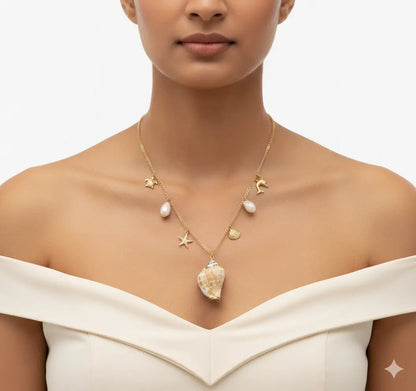 Ocean-Inspired Gold Plated Shell Charm Necklace with Starfish, Pearl Drops Vavya