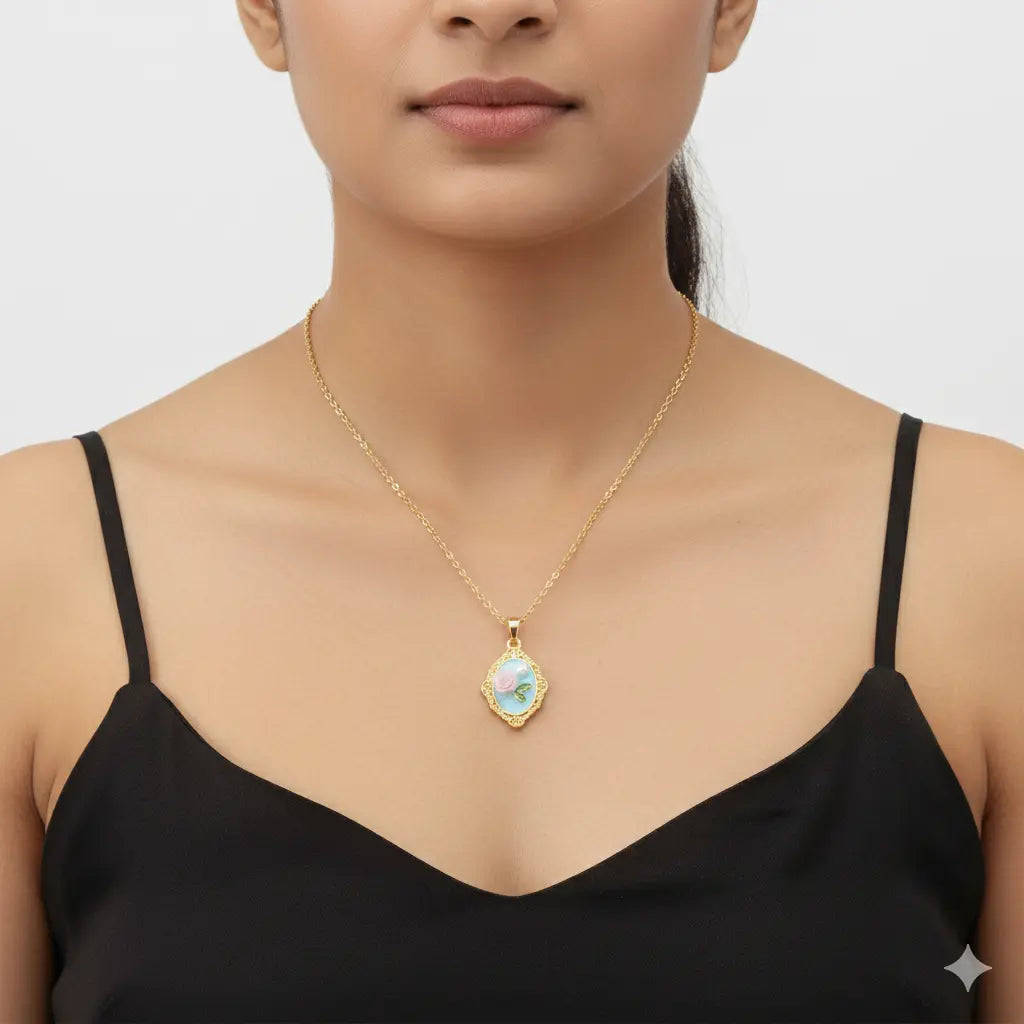 Sky Blue Floral Pendant Necklace with Pearl Accent & Ornate Antique Frame Vavya