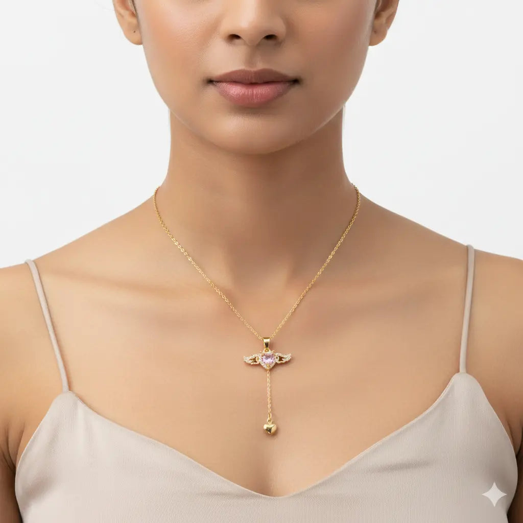 Pink Heart Wings Necklace with Sparkling Crystal & Gold Drop Charm Vavya