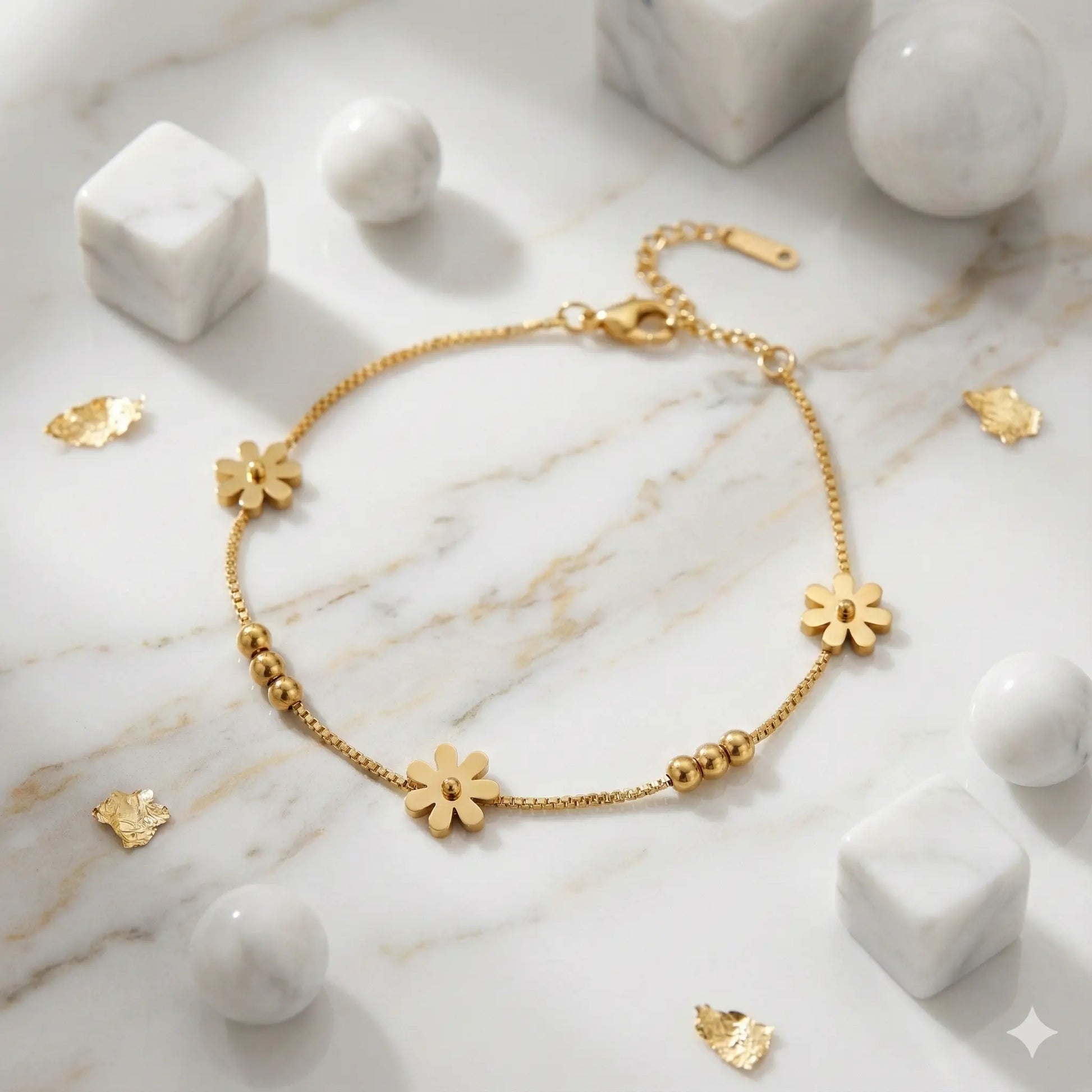 Cheerful Bloom Anklet in Minimal Golden Floral Design Vavya