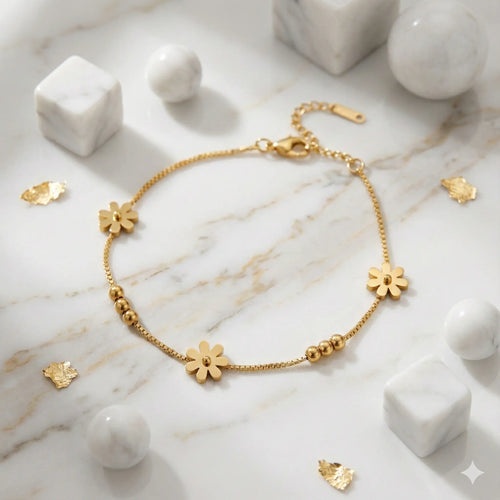 Cheerful Bloom Anklet in Minimal Golden Floral Design Vavya