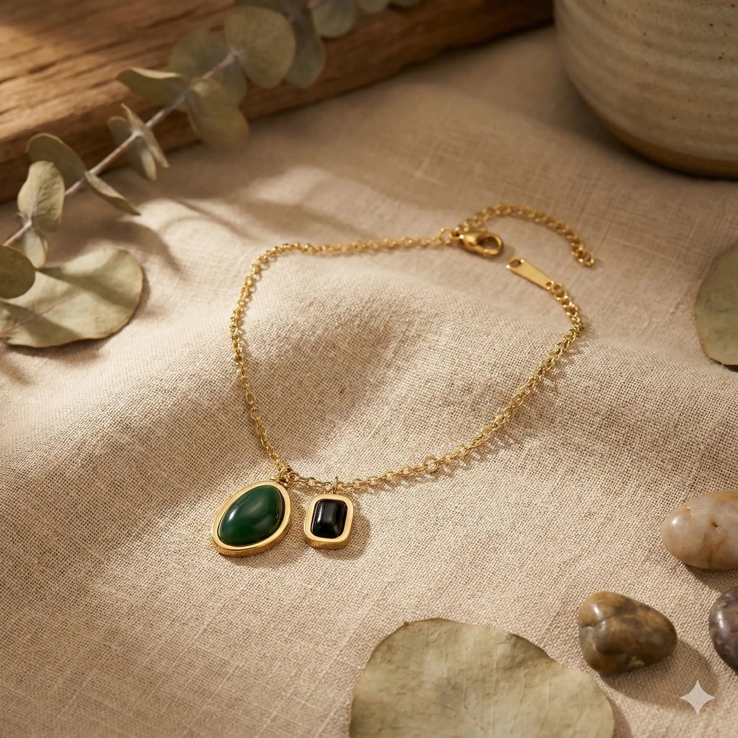 Green Jade & Black Onyx Pendant Anklet in 18K Gold Polish Vavya