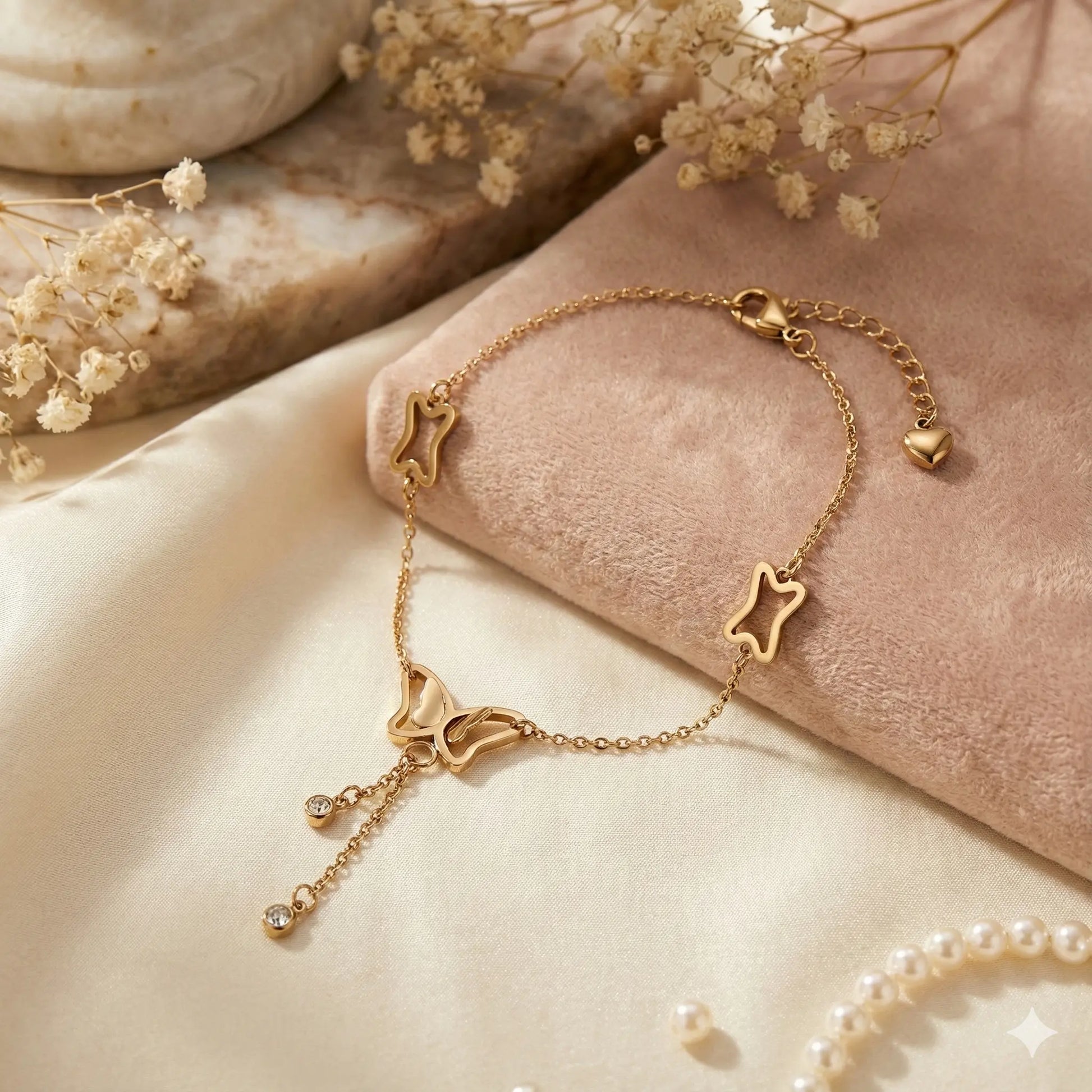 Golden Flutter Anklet with Butterfly Charm & Crystal Droplets Vavya