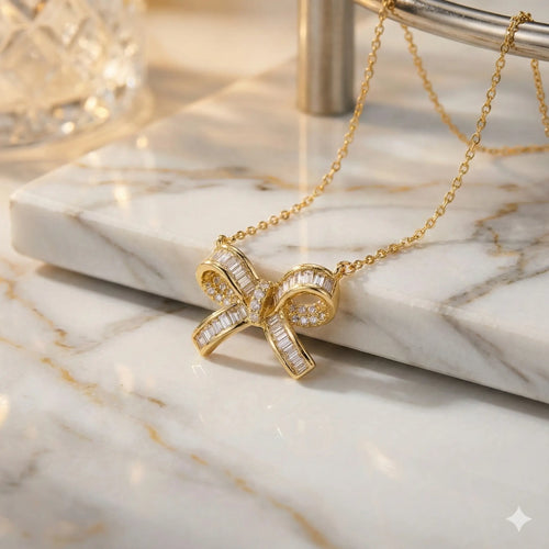 Glamour Bow Necklace Adorned with Glittering Stones Vavya