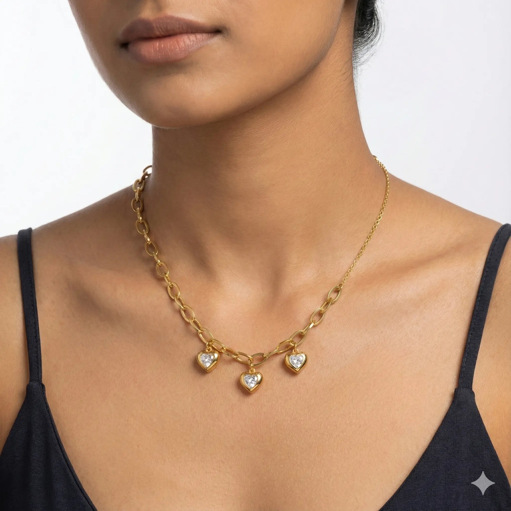 18K Gold-Plated Triple Heart Charm Necklace with Sparkling Crystal Centers Vavya