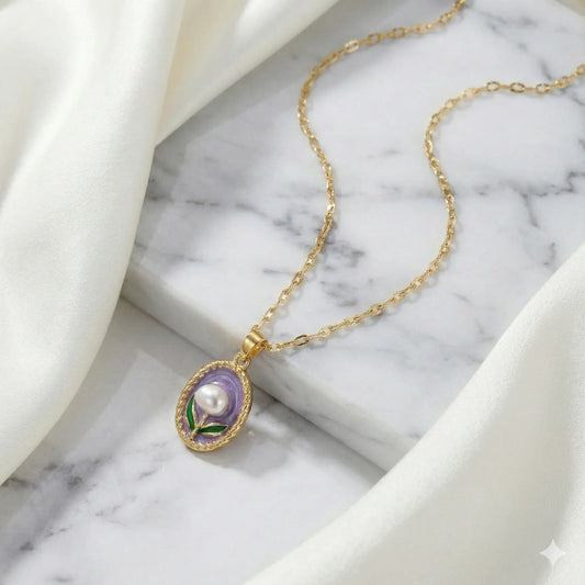 18K Gold-Plated Purple Floral Pendant Necklace with Freshwater Pearl Accent Vavya