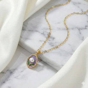 18K Gold-Plated Purple Floral Pendant Necklace with Freshwater Pearl Accent