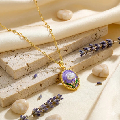 18K Gold-Plated Purple Floral Pendant Necklace with Freshwater Pearl Accent Vavya