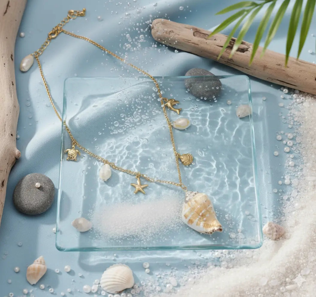 Ocean-Inspired Gold Plated Shell Charm Necklace with Starfish, Pearl Drops Vavya