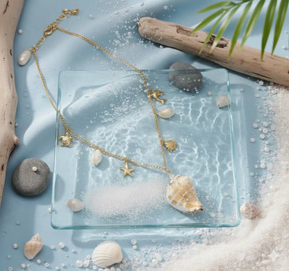 Ocean-Inspired Gold Plated Shell Charm Necklace with Starfish, Pearl Drops Vavya