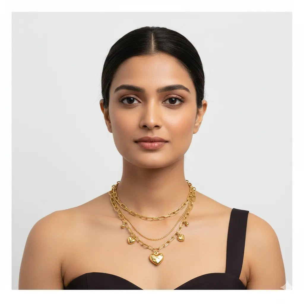 18K Gold-Plated Layered Heart Charm Necklace with Chunky Chain Vavya
