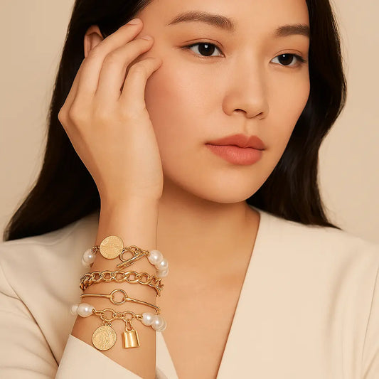 Korean Style Gold-Plated Pearl Bracelet Set (4 Pieces) – Fashion Jewelry for Women Vavya