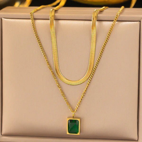 Gold-Plated Layered Necklace with Green Emerald Pendant