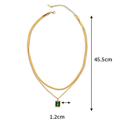 Gold-Plated Layered Necklace with Green Emerald Pendant