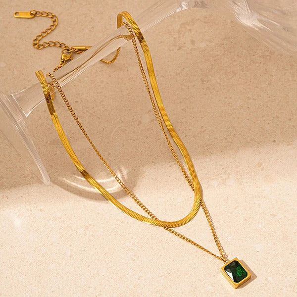 Gold-Plated Layered Necklace with Green Emerald Pendant