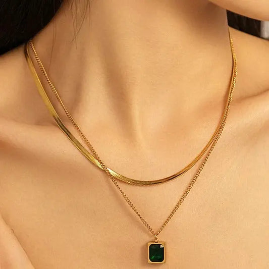 Gold-Plated Layered Necklace with Green Emerald Pendant Vavya