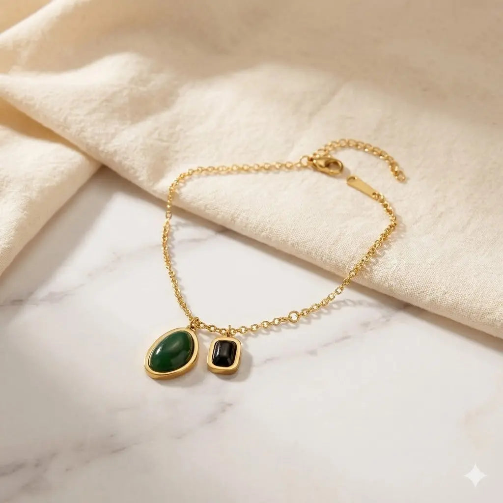 Green Jade & Black Onyx Pendant Anklet in 18K Gold Polish Vavya