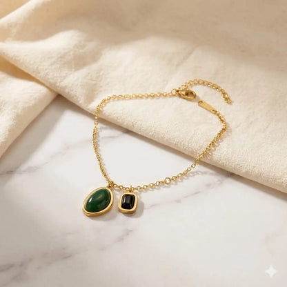 Green Jade & Black Onyx Pendant Anklet in 18K Gold Polish Vavya