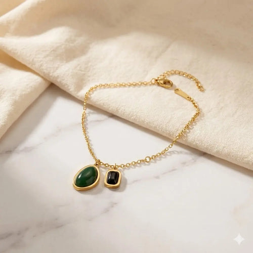 Green Jade & Black Onyx Pendant Anklet in 18K Gold Polish Vavya
