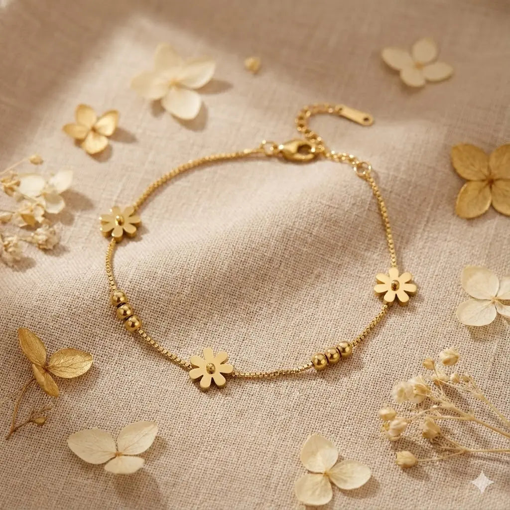 Cheerful Bloom Anklet in Minimal Golden Floral Design Vavya